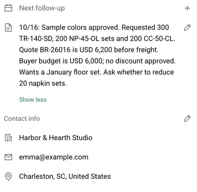 WAWin customer record in WhatsApp contact info with the next follow-up, a note, company, email and location