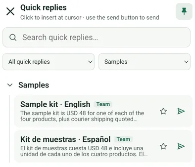 WAWin quick replies panel in WhatsApp Web with a search box, filters and two team quick replies about a sample kit